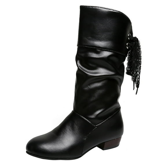qkdmdw Black Women'S Mid-Calf Boots Pu Leather Pleated Student Style Low-Heeled Round-Toe Comfortable Fall Winter Casual Wear For Women