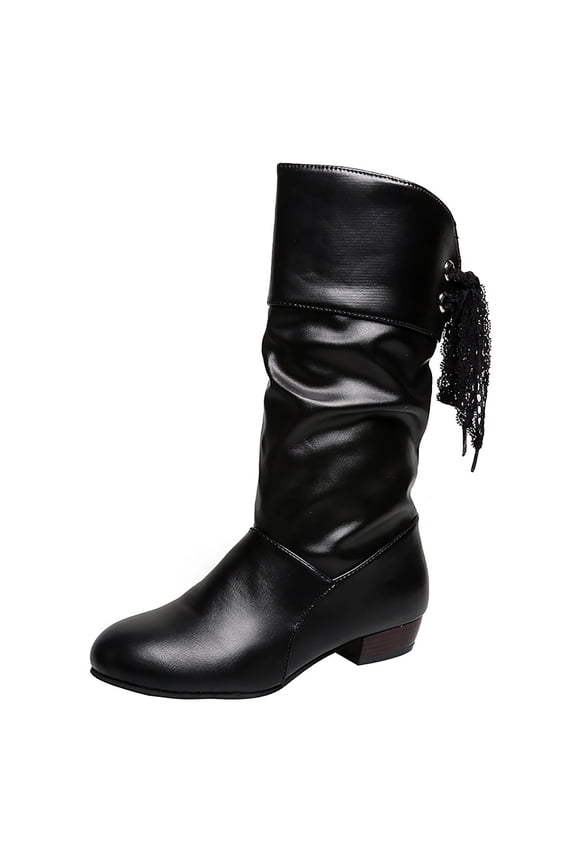 Black Women'S Mid-Calf Boots Pu Leather Pleated Student Style Low-Heeled Round-Toe Comfortable Fall Winter Casual Wear For Women