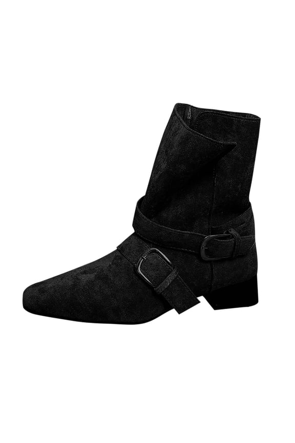 Black Women'S Mid Heel Boots Casual Fall Winter Two-Wear Design Flock Material Comfortable Thick Heel Pointed Toe Outdoor Ankle Boots