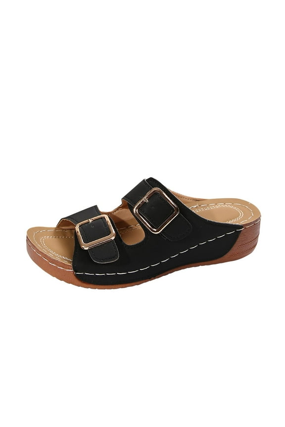 Black Women'S Platform Sandals Casual Slide Slippers Open Toe Beach Shoes Comfy Walking Flats Pu Leather Outdoor Indoor For Ladies Summer 1.77In Heel