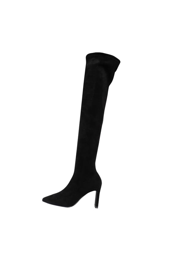 Black Women’S Pointed Toe Knee High Boots High Heel Casual Boots For Women Flock Material Daily Walking Shoes 8.5Cm 3.35In Heel Outdoor Indoor