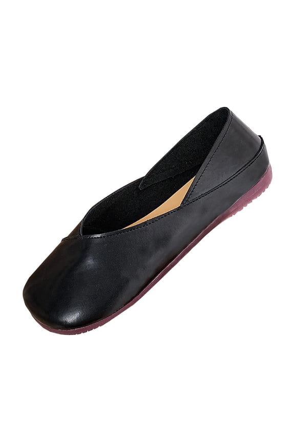 Black Women'S Retro Style Casual Slip-On Flats Round Toe Two-Way Wear Pu Material Comfortable Lightweight Walking Shoes For Indoor Outdoor Daily Wear