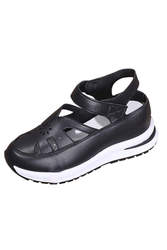 Black Women'S Roman Sandals Platform Slide Sandals Pu Hollow Summer Fall Fashion Thick Sole 1.37In Heel For Casual Outdoor