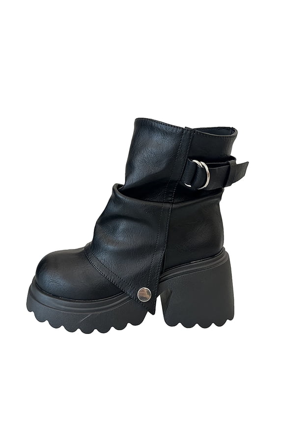 Black Women'S Square Toe French Heel Boots, Chunky Sole Casual Outdoor, Rubber Sole Fashion