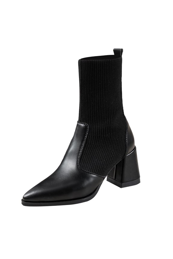 Black Women'S Suede Ankle Boots Paint Finish Thick Heel, Pointed Toe Height Increasing Waterproof Short Boots For Fall Winter