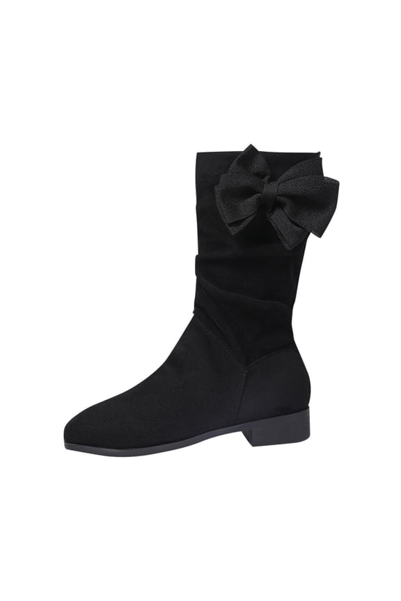 Black Women'S Winter Knee-High Heeled Boots Bow Detail Round Toe Low-Heel Mid-Calf Boots Casual Style For Outdoor Indoor Wear