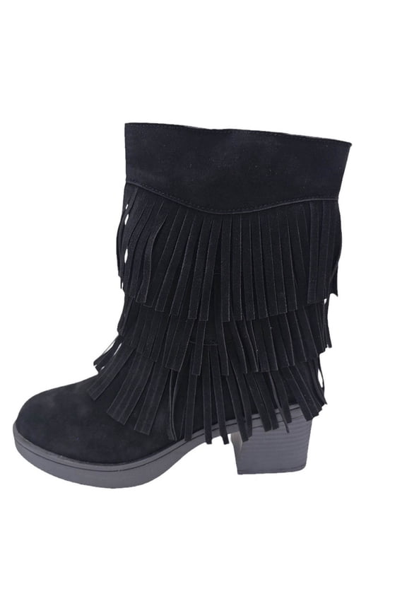 Black Women'S Winter Warm Suede Mid-Calf Boots With Side Zipper - Thick Heel Casual Boots For Outdoor And Leisure Wear