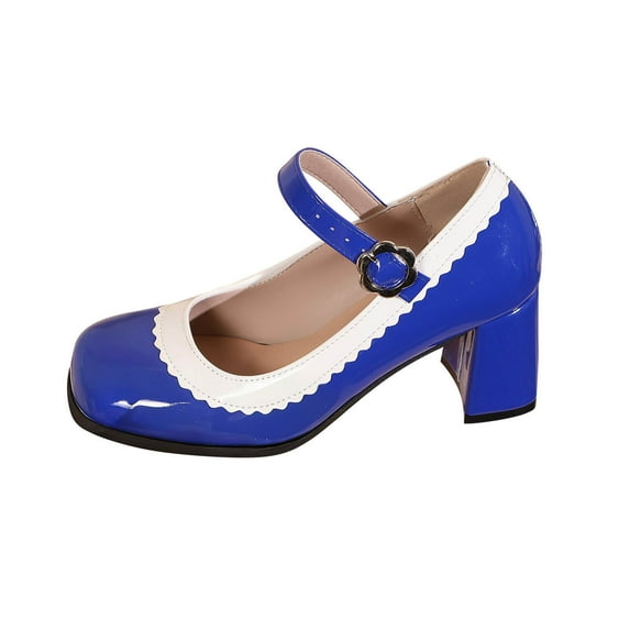 qkdmdw Blue Women'S Mary Jane Shoes Patent Leather Square Toe Chunky Heels Ankle Strap Buckle Pumps Dress Shoes For Women Work Office Party Shoes 1.57In Heel