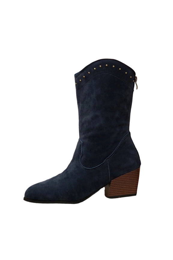 Blue Women'S Mid-Calf Knight Boots, British Style Flocked Suede Casual Boots, Versatile Plus Size Footwear For Outdoor And Leisure, Elegant Riding Boots