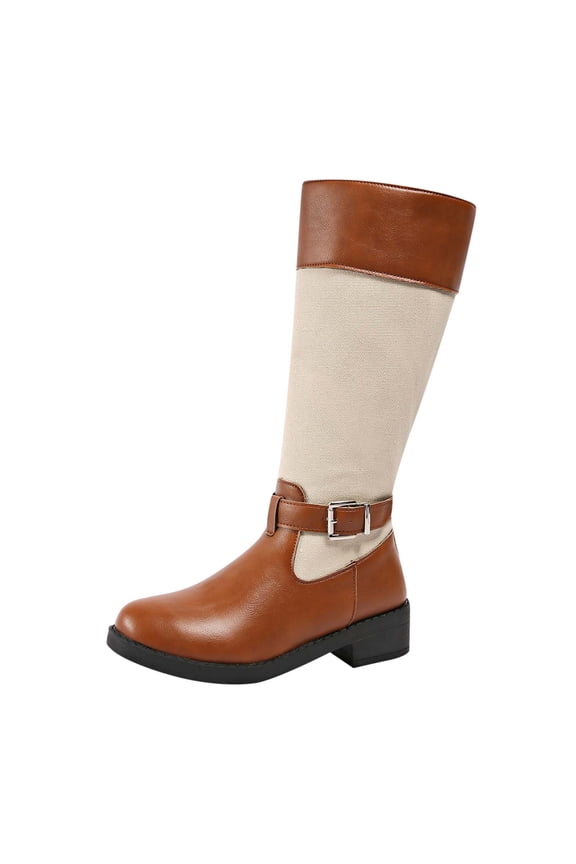 Brown Cloth Belt Buckle Boots, Thick Heel 1.38In, Pu Material, Fall Winter Fashion Footwear For Women, Casual Mid-Calf Boots