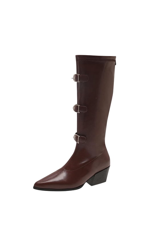 Brown Straight Knee High Boots For Women, Pointed Toe With Belt Buckle, Rear Zipper, Low Chunky Heel, Pu Material Casual Winter Boots