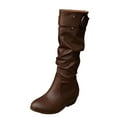 thumbnail image 1 of qkdmdw Brown Women Casual Long Boots With Pleated Belt Buckle Design Round Toe Mid Heel Pu Material Comfortable For Outdoor Indoor Activities, 1 of 9