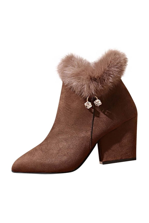 Brown Women'S Ankle Boots Pointed Toe Rhinestone Decor Flock Suede Material Fall Winter Trendy Short Boots For Casual Wear Female