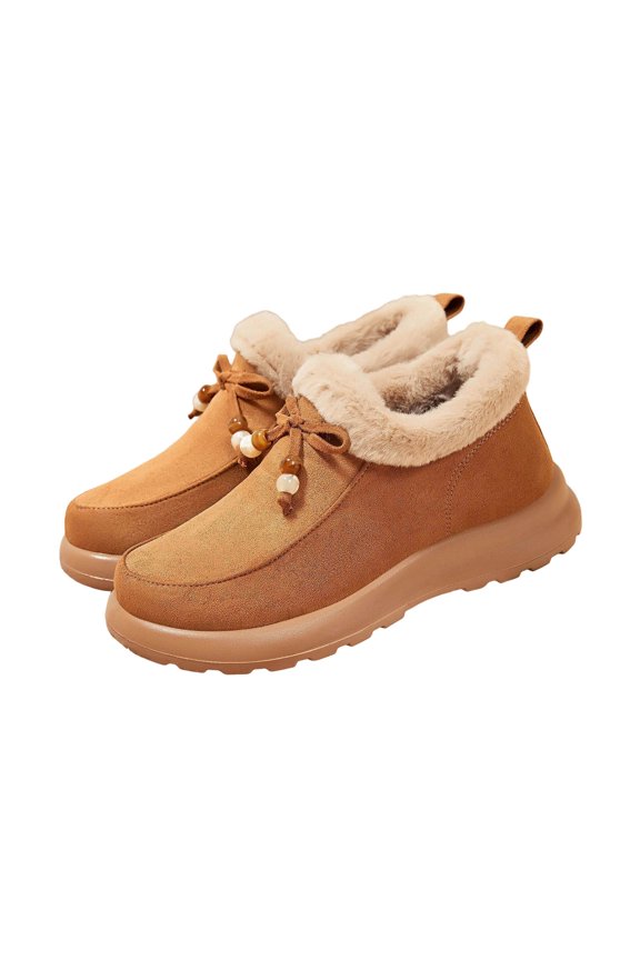 Brown Women'S Bow-Knot Thick-Soled Fleece-Lined Ankle Boots, Warm Winter Boots For Leisure And Outdoor Use - Flock Material