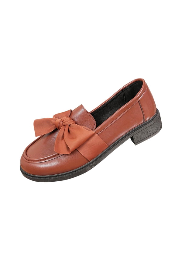 Brown Women'S British Style Bow Patent Leather Loafers Flat Shoes Slip-Resistant Comfortable Casual Outdoor Fashion Fall Winter Plus Size