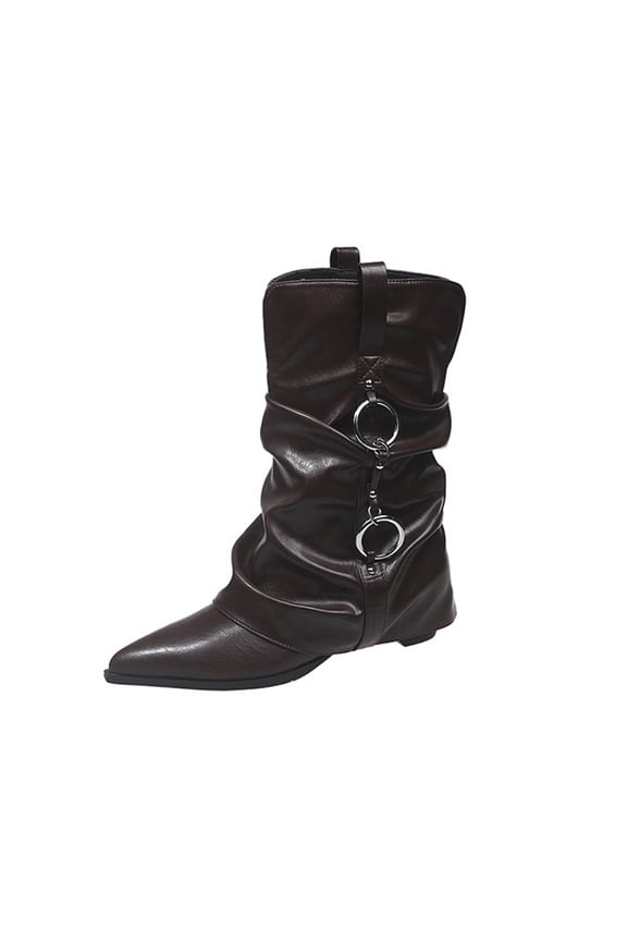 Brown Women'S British Style Soft Leather Pointed Toe Pleated Boots High Heel Casual Outdoor Fashion Handmade Retro Comfortable Ankle Boots