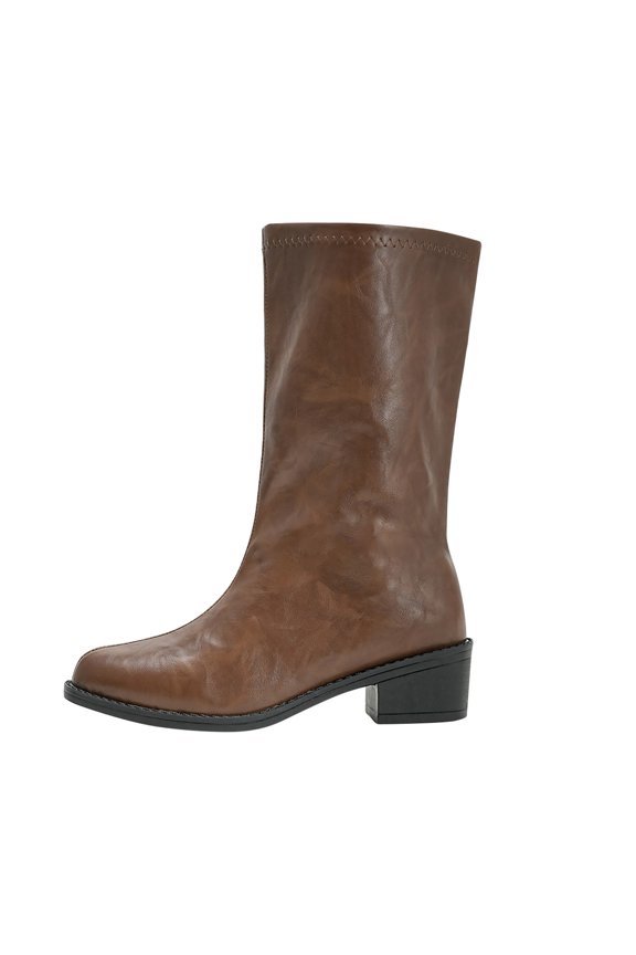 Brown Women'S Casual Winter Mid-Calf Boots Mid-Heel Solid Color Pu Material Retro Versatile For Outdoor Indoor Daily Use