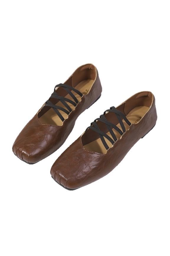 Brown Women'S Flat Shoes Square Toe Cross Strap Design Comfortable Versatile Solid Color Casual Outdoor Indoor Wear