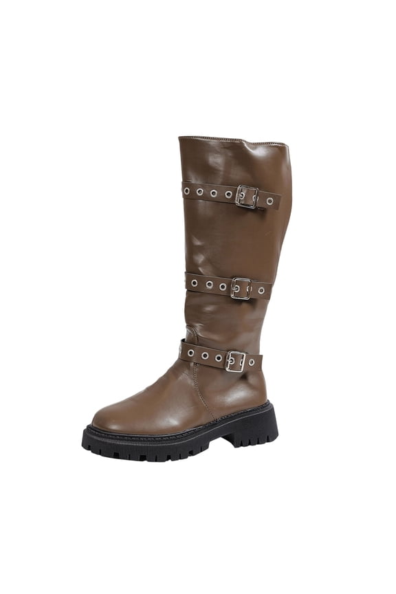 Brown Women'S Knee-High Boots Winter Casual Side Zipper Round Toe Thick Low Heel Boots Synthetic Upper For Daily Outdoor Indoor