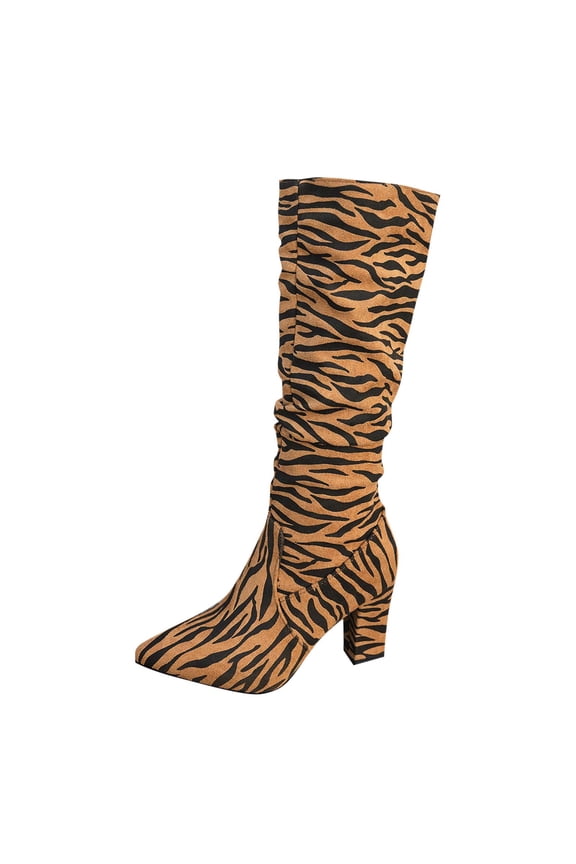 Brown Women'S Pointed Toe Thick Heel Long Boots For Fall Winter Casual Outdoor Wear - 3.15In Heel Height