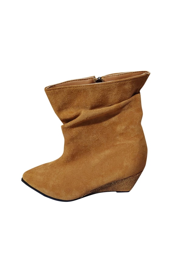 Brown Women'S Rhinestone Decor Wedge Heel Boots Flock Material Casual Thick Heel Ankle Boots For Fall Winter Outdoor Comfort Large Size