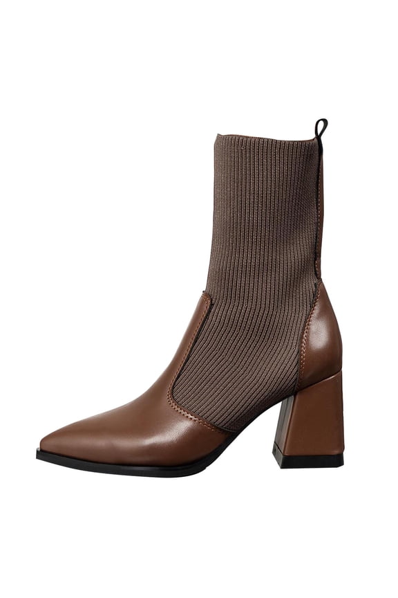 Brown Women'S Suede Ankle Boots Paint Finish Thick Heel, Pointed Toe Height Increasing Waterproof Short Boots For Fall Winter