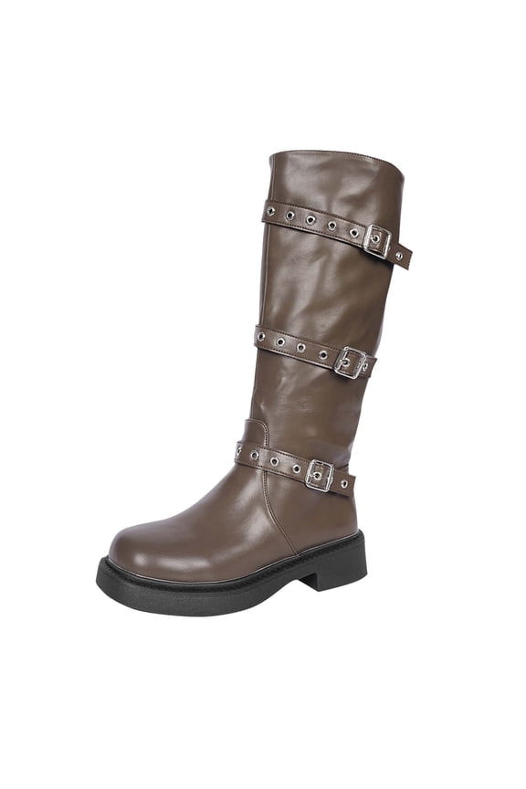 Coffee Long & Mid-Calf Boots For Women, Metal Buckle Design, Chunky Heel Casual Ankle Boots, Fall Winter Outdoor Fashion Footwear - Heel Height 1.57In