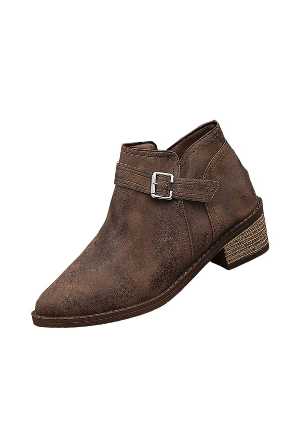 Coffee Women'S Chelsea Boots Ankle Boots Pointed Toe Chunky Heel Pu Leather Side Zipper Fashion Booties For Fall