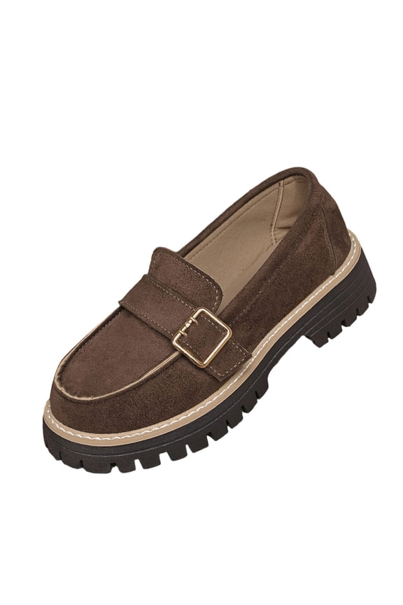 Coffee Women'S Loafers, Casual Slip On Shoes For Women, Faux Suede Flock Material, Round Toe Comfort, Platform Chunky Heel 1.6 Inch - Fashionable Outdoor Indoor Footwear