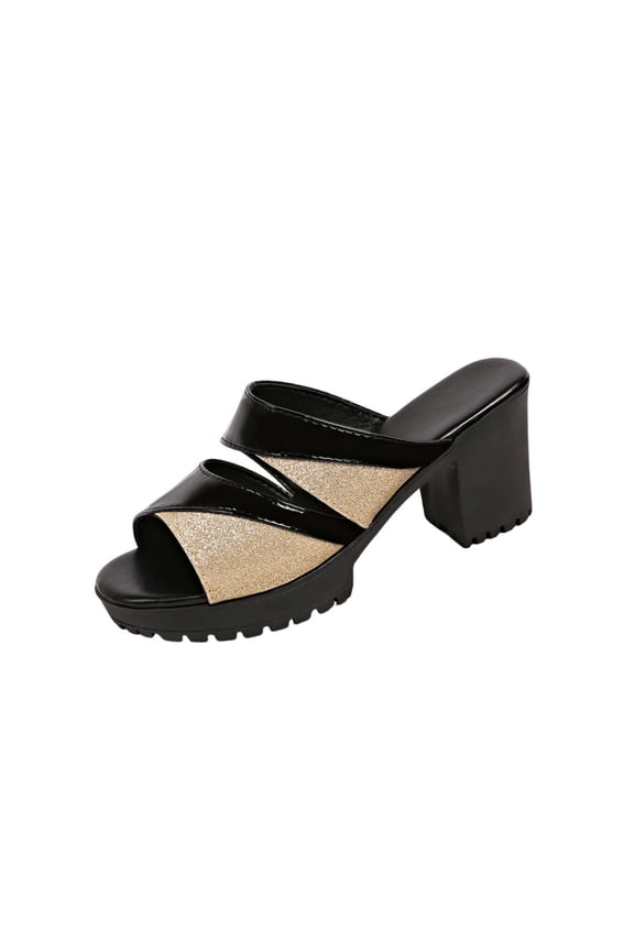 Gold Women'S Plus Size High-Heeled Mules Comfortable Pu Sequined Sandals Round Toe Open Toe Chunky Heel Slip-On Dress Heels For Women