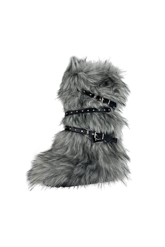 Gray High Top Snow Boots For Women, Fashion Casual Winter Boots, Belt Buckle Leather Design, Knee High Warm Boots, Outdoor Leisure Wear