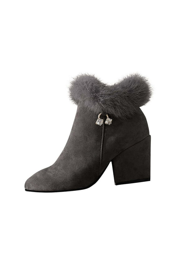 Gray Women'S Ankle Boots Pointed Toe Rhinestone Decor Flock Suede Material Fall Winter Trendy Short Boots For Casual Wear Female