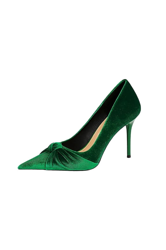 Green Women'S Banquet High Heels Slim Heel Pointed Toe Suede Bow Tie Flock Material Casual Fall Winter Dress Shoes