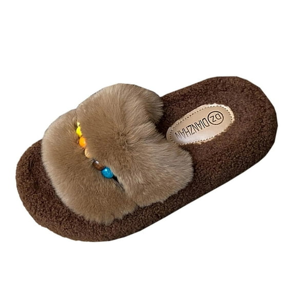 qkdmdw Khaki Winter Slippers Open-Toed Thick-Soled Platform Comfortable For Women Indoor Outdoor Casual Wear - Nylon Spandex Material