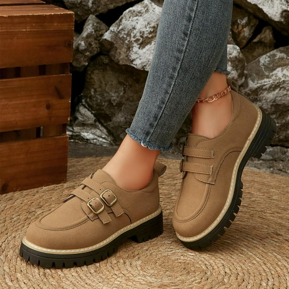 qkdmdw Khaki Women'S Frosted Round Toe Thick Heel Loafers, Flock Material Mid Heel Shoes For Casual Outdoor Indoor Wear, Comfortable Thick Sole Design For Daily Use