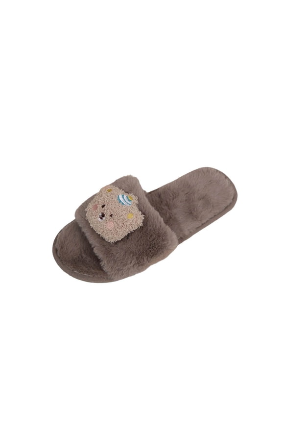 Khaki Women'S Furry Slippers Open Toe Cute Bear Design Cozy Plush Slides Comfy Flat Sandals For Fall Winter Indoor Outdoor Plus Size