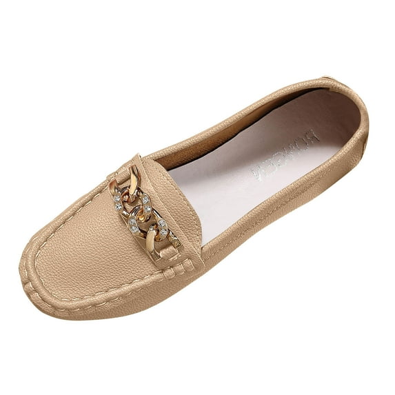 qkdmdw Khaki Women'S Moccasins Metal Chain Round Toe Flat Sole Slip On Comfortable Casual Fall Winter Lazy Style Footwear For Ladies Indoor Outdoor