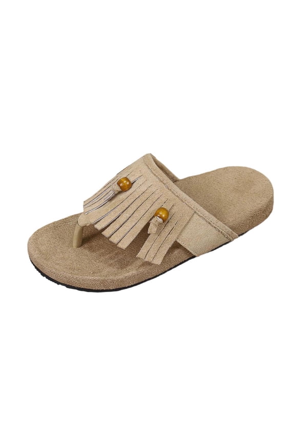 Khaki Women'S Slide Sandals Flip Flops Thong Flat Bottom Herringbone T-Strap Casual Summer Shoes Flock Comfortable Outdoor - Boho Tassel Design