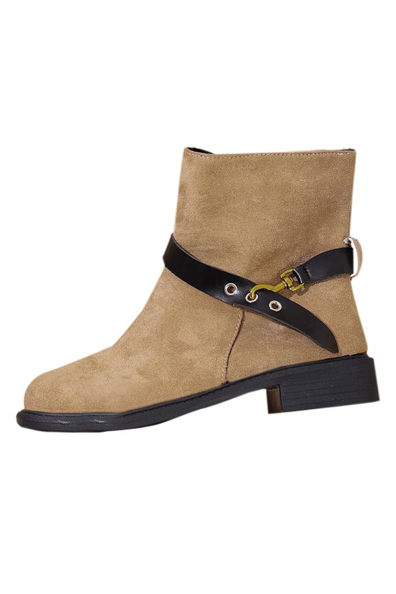 Khaki Women'S Winter Short Boots, Round Toe Buckle Detail Thick Heel Ankle Boots, Flock Lined Soft Sole, Casual Slim Fit British Style