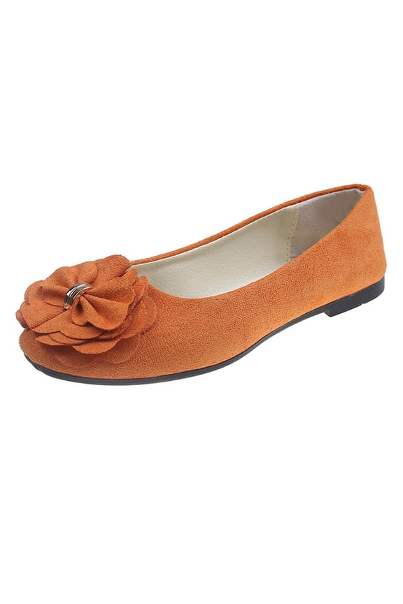 Orange Women'S Flat Shoes With Bow Accent And Floral Design, Round Toe, Comfortable And Fashionable For Work And Casual Wear - Cloth Material