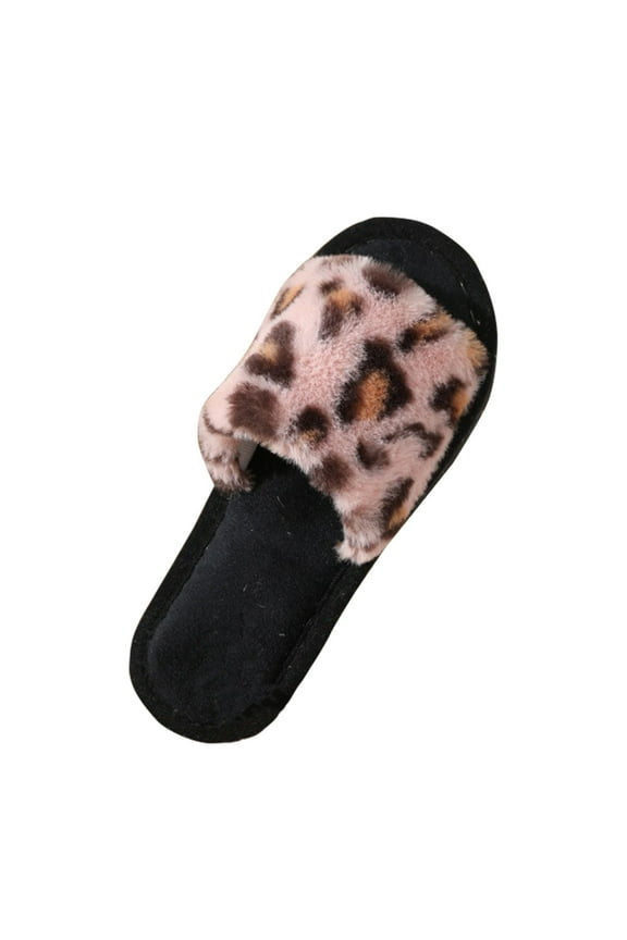 Pink Women Leopard Print Slippers Winter Warm Plush House Slippers Non-Slip Indoor Outdoor Round Toe Casual Comfy Home Footwear For Women Girls
