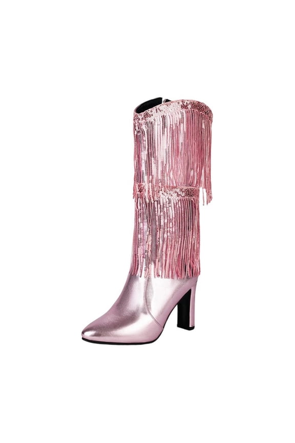 Pink Women'S Winter Knee High Boots Tassel Pointed Toe Side Zipper High Heel Pu Material Casual Outdoor Indoor Fashion Footwear