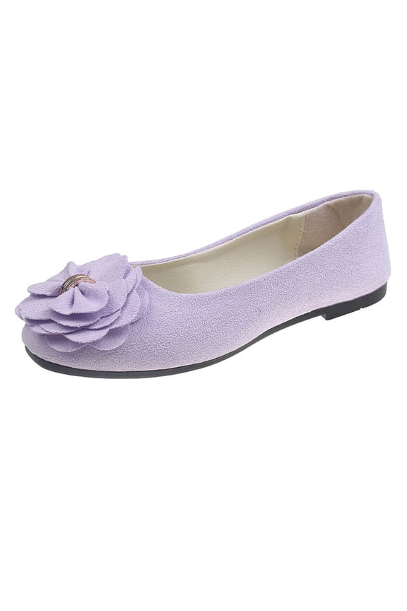 Purple Women'S Flat Shoes With Bow Accent And Floral Design, Round Toe, Comfortable And Fashionable For Work And Casual Wear - Cloth Material