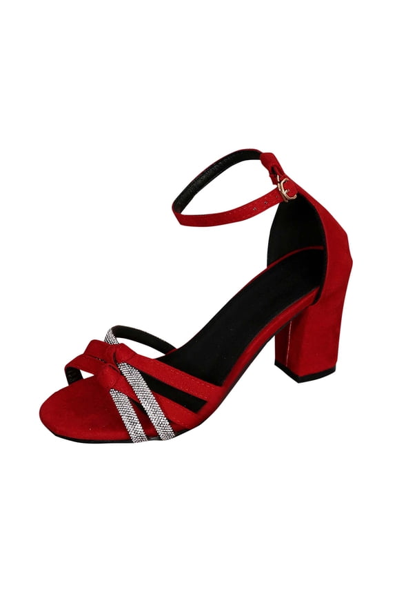 Red Letter Strap Sandals, Thick Heel 2.95In, Cloth Material, Casual Outdoor Vacation Shoes For Women, Comfortable Walking Footwear