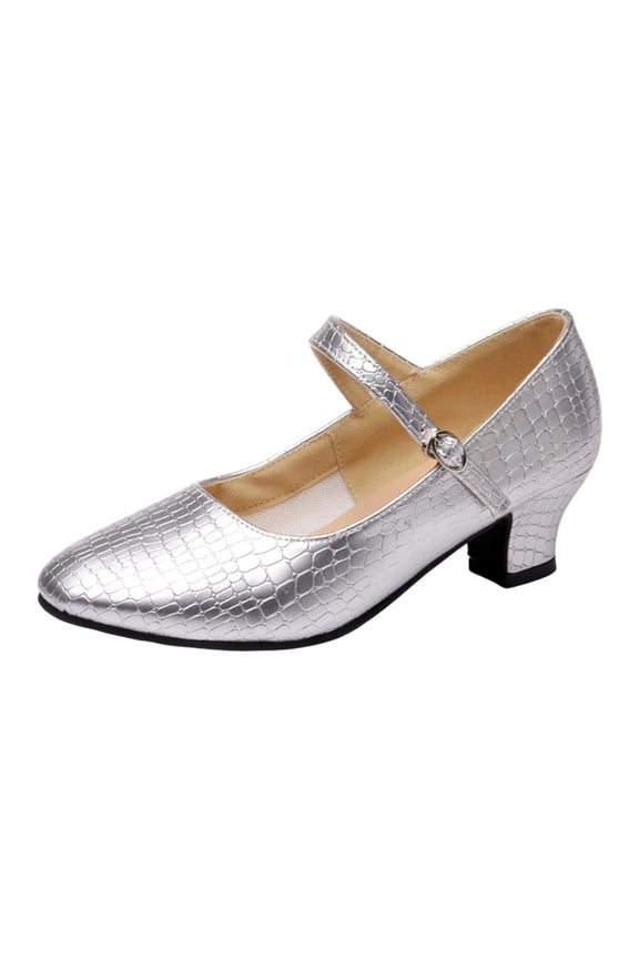 Silver Women'S Latin Dance Shoes Mid Heel Practice Dance Sneakers Embossed Patent Leather Slip-Resistant Comfortable For Adult Body Dancing Exercise - Ballroom Dance Footwear