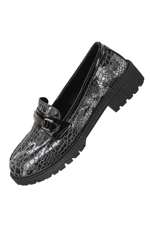 Silver Women'S Loafers Snake Print Low Heel Shoes Comfortable Slip-On With Metal Buckle For Casual Daily Wear (Approx. 2.0In Heel) Pu Leather