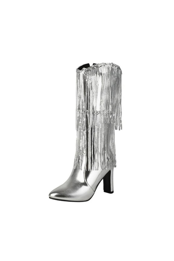 Silver Women'S Winter Knee High Boots Tassel Pointed Toe Side Zipper High Heel Pu Material Casual Outdoor Indoor Fashion Footwear