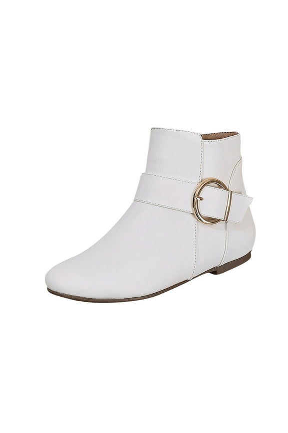 White Women'S Buckle Side Zipper Ankle Boots Flat Low-Top Casual Shoes For Outdoor Indoor Winter Wear Comfortable Fish Mouth Toe Pu Material