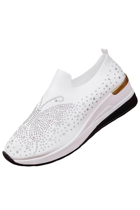 White Women'S Casual Shoes Loafers Flats Wedge Heel Breathable Knit Mesh Diamond Decor Comfortable Slip-On Plus Size Spring Summer Indoor Outdoor