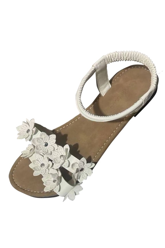White Women'S Flat Sandals Pu Leather Flower Embellishment Round Toe Open Toe Toe Post Back Elastic Strap Casual Summer Beach